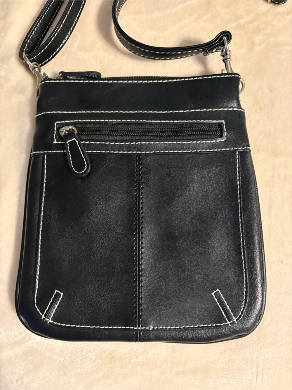 Bellerose Black Leather Crossbody with White Contrast Stitching